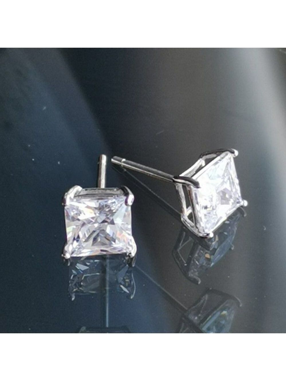 Sterling Silver CZ Emerald Cut Square Stud Earrings